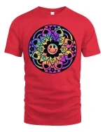 Colorful Mandala Smiley Graphic T-Shirt Retro Peace Art - red t-shirt on white background