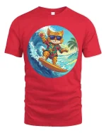 Surfing Cat Hawaiian Graphic T-Shirt Cool Summer Vibes - red t-shirt on white background