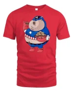 Funny Superhero Eating Burger Graphic T-Shirt Comic Tee - red t-shirt on white background