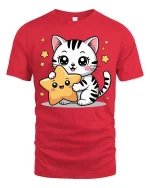 Cute Kitty Star Graphic T-Shirt Kawaii Cartoon Style Tee - red t-shirt on white background