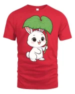 Cute Bunny Leaf Umbrella Graphic T-Shirt Kawaii Style Tee - red t-shirt on white background