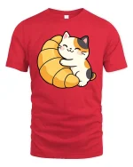 Cute Cat Croissant Graphic T-Shirt Kawaii Food Lover Tee - red t-shirt on white background