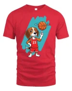 Basketball Dog Graphic T-Shirt Funny Sports Puppy Tee - red t-shirt on white background
