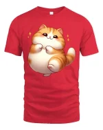Cute Chubby Cat Graphic T-Shirt Kawaii Cartoon Style - red t-shirt on white background
