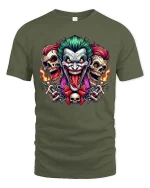 Joker Skull Flame Graphic T-Shirt Dark Streetwear Styles - military green t-shirt on white background