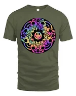 Colorful Mandala Smiley Graphic T-Shirt Retro Peace Art - military green t-shirt on white background