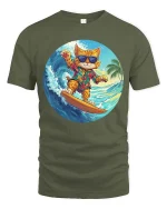 Surfing Cat Hawaiian Graphic T-Shirt Cool Summer Vibes - military green t-shirt on white background
