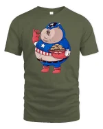 Funny Superhero Eating Burger Graphic T-Shirt Comic Tee - military green t-shirt on white background