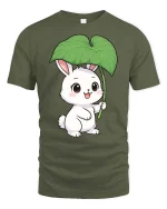 Cute Bunny Leaf Umbrella Graphic T-Shirt Kawaii Style Tee - military green t-shirt on white background