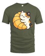 Cute Cat Croissant Graphic T-Shirt Kawaii Food Lover Tee - military green t-shirt on white background