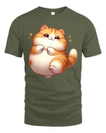 Cute Chubby Cat Graphic T-Shirt Kawaii Cartoon Style - military green t-shirt on white background