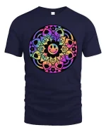 Colorful Mandala Smiley Graphic T-Shirt Retro Peace Art - navy t-shirt on white background