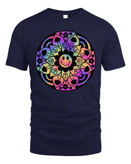 Colorful Mandala Smiley Graphic T-Shirt Retro Peace Art - navy t-shirt on white background