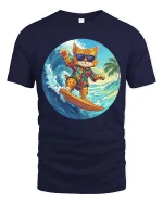 Surfing Cat Hawaiian Graphic T-Shirt Cool Summer Vibes - navy t-shirt on white background
