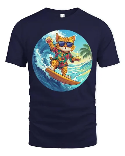 Surfing Cat Hawaiian Graphic T-Shirt Cool Summer Vibes - navy t-shirt on white background