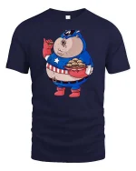 Funny Superhero Eating Burger Graphic T-Shirt Comic Tee - navy t-shirt on white background