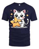 Cute Kitty Star Graphic T-Shirt Kawaii Cartoon Style Tee - navy t-shirt on white background