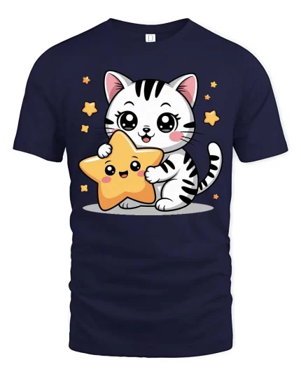 Cute Kitty Star Graphic T-Shirt Kawaii Cartoon Style Tee - navy t-shirt on white background