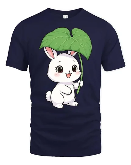 Cute Bunny Leaf Umbrella Graphic T-Shirt Kawaii Style Tee - navy t-shirt on white background