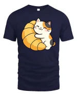 Cute Cat Croissant Graphic T-Shirt Kawaii Food Lover Tee - navy t-shirt on white background