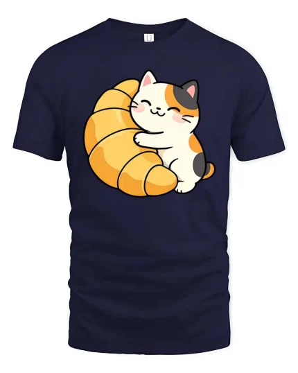 Cute Cat Croissant Graphic T-Shirt Kawaii Food Lover Tee - navy t-shirt on white background
