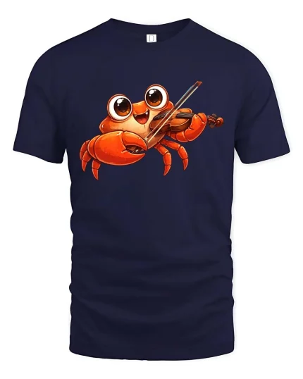 Funny Crab Playing Violin Graphic T-Shirt Cute Music Tee - navy t-shirt on white background