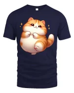 Cute Chubby Cat Graphic T-Shirt Kawaii Cartoon Style - navy t-shirt on white background