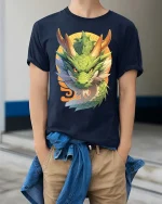 Japanese Dragon Graphic T-Shirt Mythical Asian Art Tee - model wearing navy tee with hands in pockets