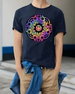 Colorful Mandala Smiley Graphic T-Shirt Retro Peace Art - model wearing navy tee with hands in pockets