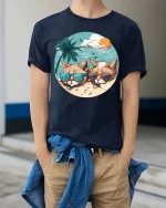 Cool Cats Beach Sunglasses Graphic T-Shirt Summer Vibe - model wearing navy tee with hands in pockets