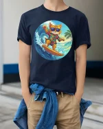 Surfing Cat Hawaiian Graphic T-Shirt Cool Summer Vibes - model wearing navy tee with hands in pockets