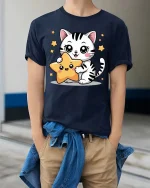 Cute Kitty Star Graphic T-Shirt Kawaii Cartoon Style Tee - model wearing navy tee with hands in pockets