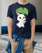 Cute Bunny Leaf Umbrella Graphic T-Shirt Kawaii Style Tee - model wearing navy tee with hands in pockets
