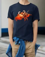 Funny Crab Playing Violin Graphic T-Shirt Cute Music Tee - model wearing navy tee with hands in pockets