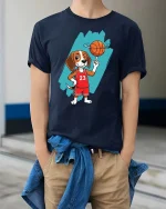 Basketball Dog Graphic T-Shirt Funny Sports Puppy Tee - model wearing navy tee with hands in pockets