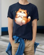 Cute Chubby Cat Graphic T-Shirt Kawaii Cartoon Style - model wearing navy tee with hands in pockets
