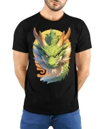 Japanese Dragon Graphic T-Shirt Mythical Asian Art Tee - model wearing black tee with hands behind back