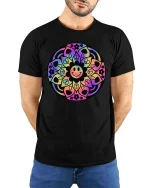 Colorful Mandala Smiley Graphic T-Shirt Retro Peace Art - model wearing black tee with hands behind back