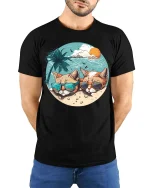 Cool Cats Beach Sunglasses Graphic T-Shirt Summer Vibe - model wearing black tee with hands behind back