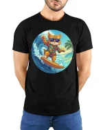 Surfing Cat Hawaiian Graphic T-Shirt Cool Summer Vibes - model wearing black tee with hands behind back