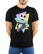 Spooky Skeleton Retro Graphic T-Shirt Halloween Style - model wearing black tee with hands behind back