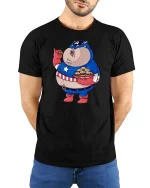 Funny Superhero Eating Burger Graphic T-Shirt Comic Tee - model wearing black tee with hands behind back