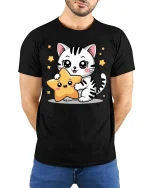 Cute Kitty Star Graphic T-Shirt Kawaii Cartoon Style Tee - model wearing black tee with hands behind back