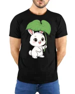 Cute Bunny Leaf Umbrella Graphic T-Shirt Kawaii Style Tee - model wearing black tee with hands behind back