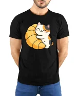 Cute Cat Croissant Graphic T-Shirt Kawaii Food Lover Tee - model wearing black tee with hands behind back