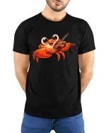 Funny Crab Playing Violin Graphic T-Shirt Cute Music Tee - model wearing black tee with hands behind back