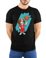 Basketball Dog Graphic T-Shirt Funny Sports Puppy Tee - model wearing black tee with hands behind back