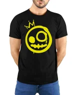 Graffiti Smile Crown Graphic T-Shirt Street Art Style - model wearing black tee with hands behind back