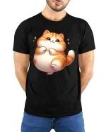 Cute Chubby Cat Graphic T-Shirt Kawaii Cartoon Style - model wearing black tee with hands behind back