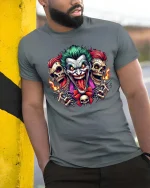 Joker Skull Flame Graphic T-Shirt Dark Streetwear Styles - model wearing grey tee, leaning on column